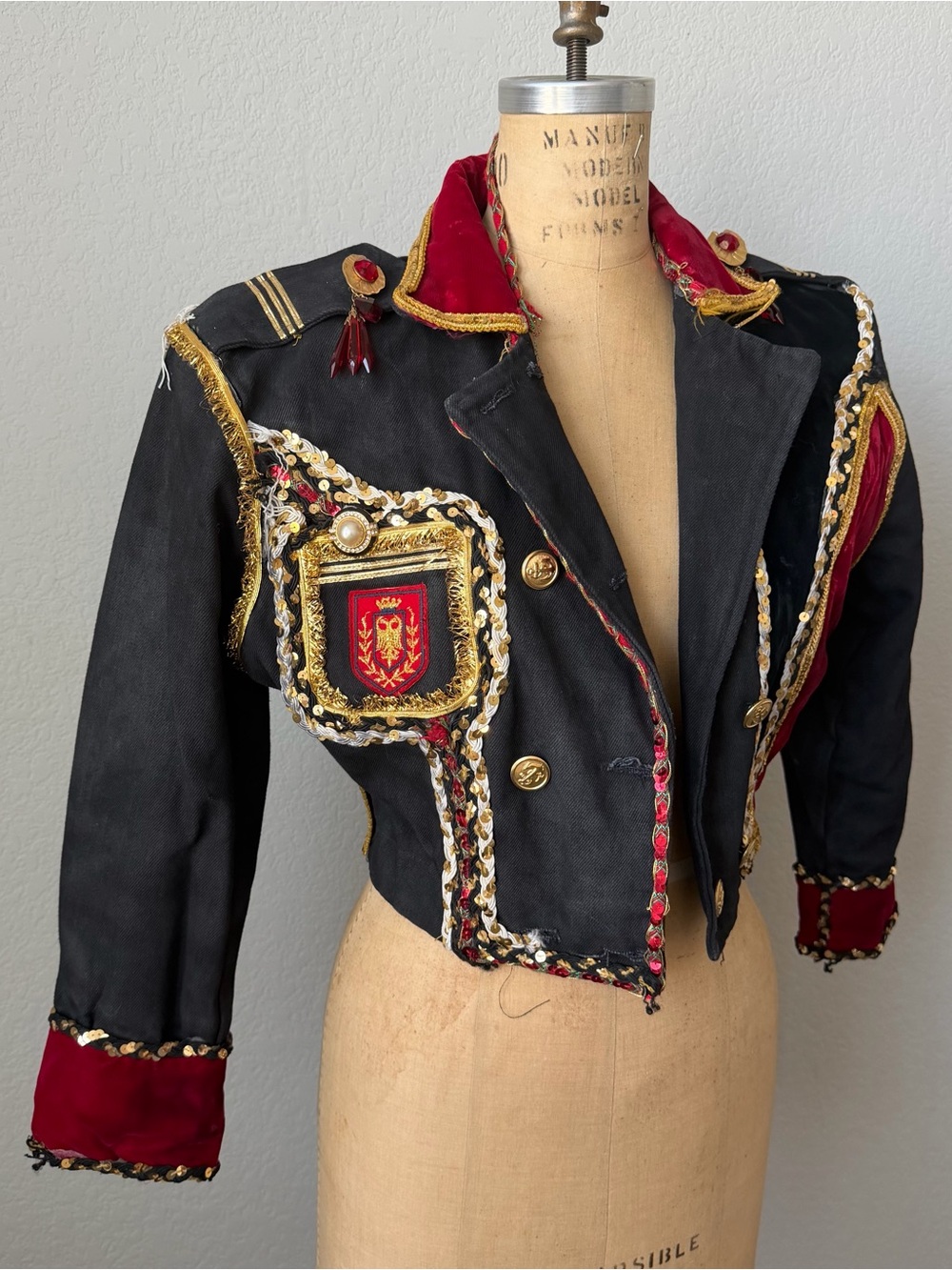 Vintage DIY 80s Military Cropped Jacket Sequin Velvet Burning Man Costume
